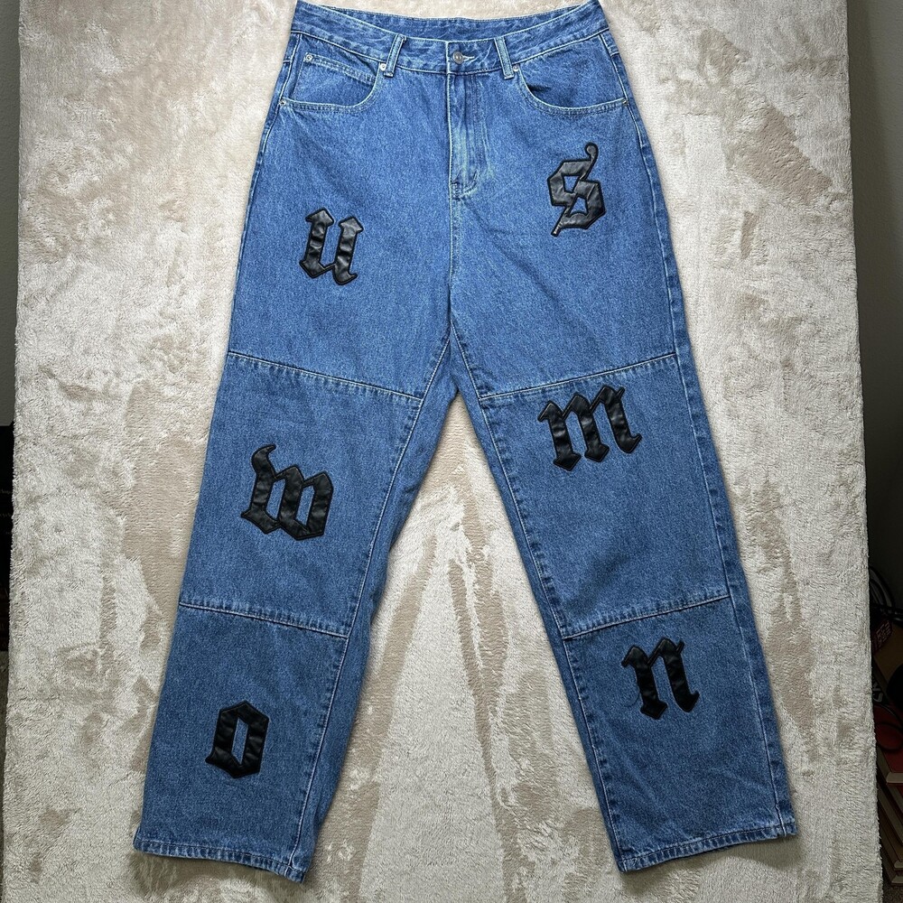 SUMWON Jeans Mens 34x30 Blue Relaxed Straight Leg Denim Logo Patch Streetwear